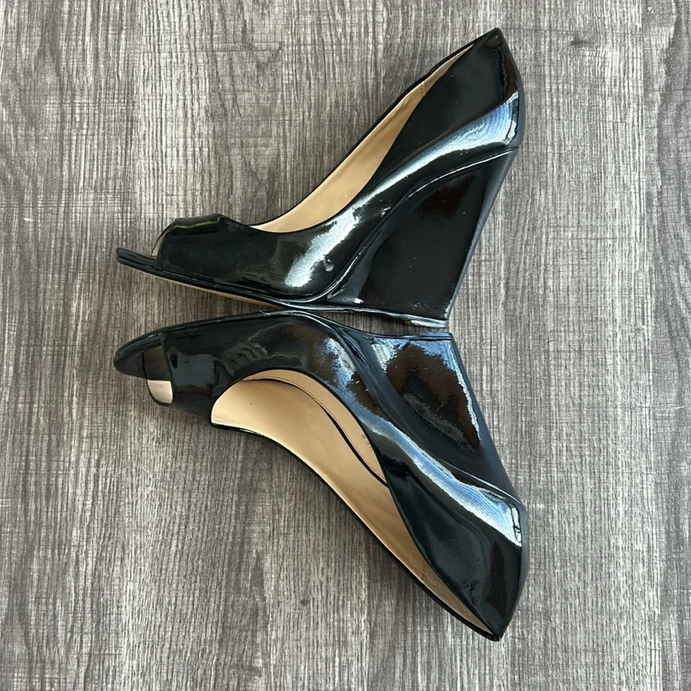 Boston Proper Black‎ Patent Leather Peep Toe Wedges Shoes Office Date Night 7M